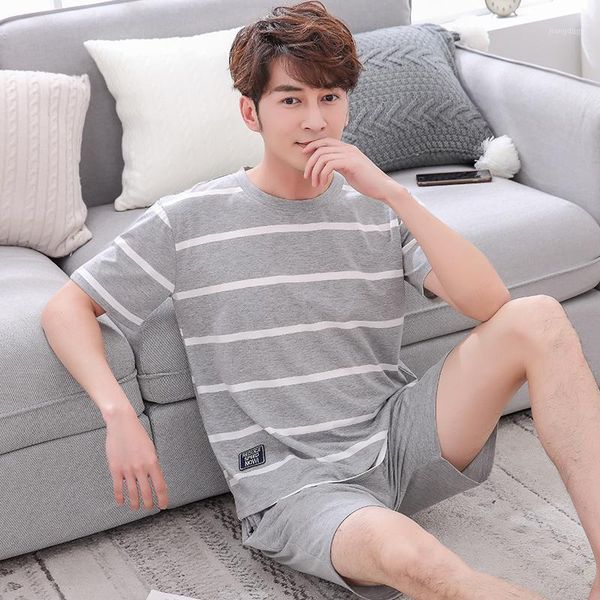

men's sleepwear 2021 summer casual striped cotton short sleeve pajamas sets for men male homewear lounge wear night suit home clothes, Black;brown