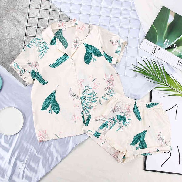 Kurze Hosen Sets Frau Sommer Print Nachtwäsche Drehen Unten Kragen Pyjamas Für Frauen Satin Nachthemd Kleidung Set Casual Nachtwäsche X0526