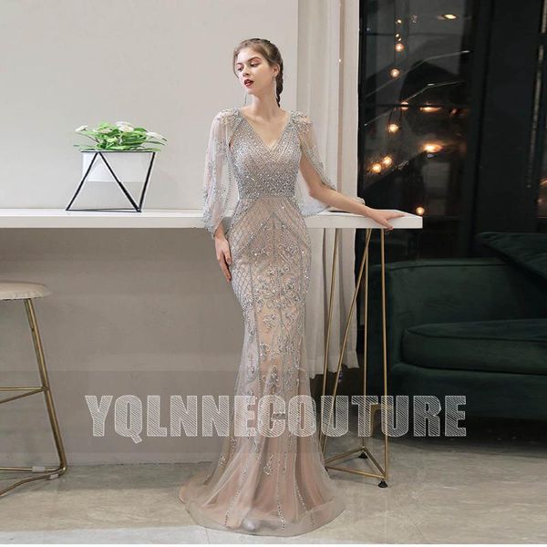 

party dresses classic nude rhinestones long evening mermaid v neck tulle beaded robes de soirÃ©e vestidos, White;black