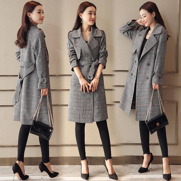 

women's trench coats 2021 spring and autumn ladies fashion slim temperament lattice windbreaker long coat tide, Tan;black