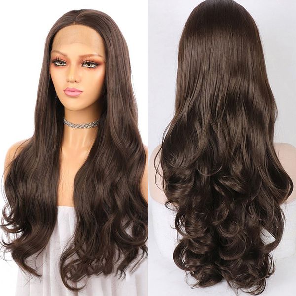 

costume accessories dark brown 26 inch long body wave synthetic lace front wig for black women with babyhair natural hairline glueless, Silver