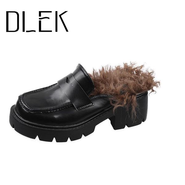 

chunky slippers female shoes thick increased sole long plush pu upper round toe slip-on outdoor personalized women, Black