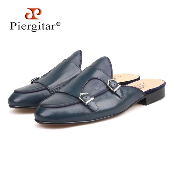 

piergitar 2021 style navy colors handmade men's leather slippers fashion party and prom men half designs loafers plus size, Black