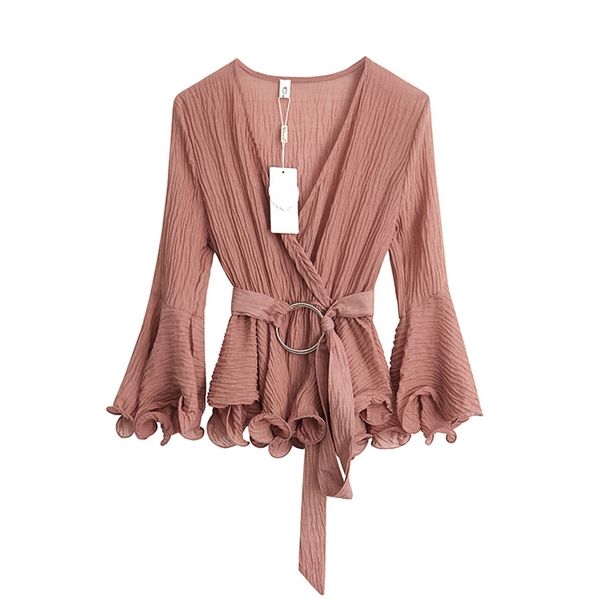 

v neck solid pink sash long sleeve flare blouse b0198 210514, White