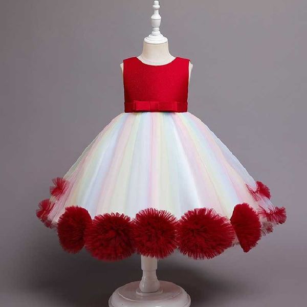 

2021 new girl drlovely flower bow pompous princdrperformance host party temperament fashion girl dress x0803, Red;yellow