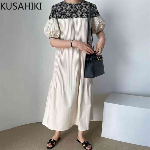 

woman dress floral embroidery hit color patchwork korean dresses causal puff sleeve high waist pleated vestidos 6j366 210603, Black;gray
