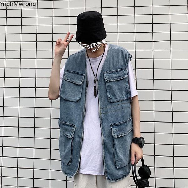 

women's vests harajuku streetwear big pocket zipper solid washed blue denim vest hip hop loose casual waistcoat jacket korean woman man, Black;white