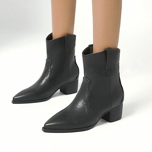 

boots western cowboy booties spring autumn women thick low heel ankle slip on fashion shoes woman, Black