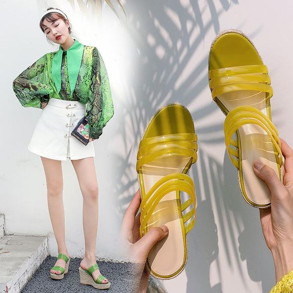 

sandals color transparent women's 2021 summer fashion wedge high-heel word drag semi-trailing, Black