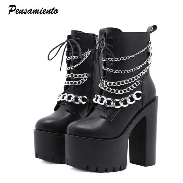 

boots 15cm ultra high heels autumn winter women motorcycle fashion punk chains patent leather platform wedges chunky shoes, Black