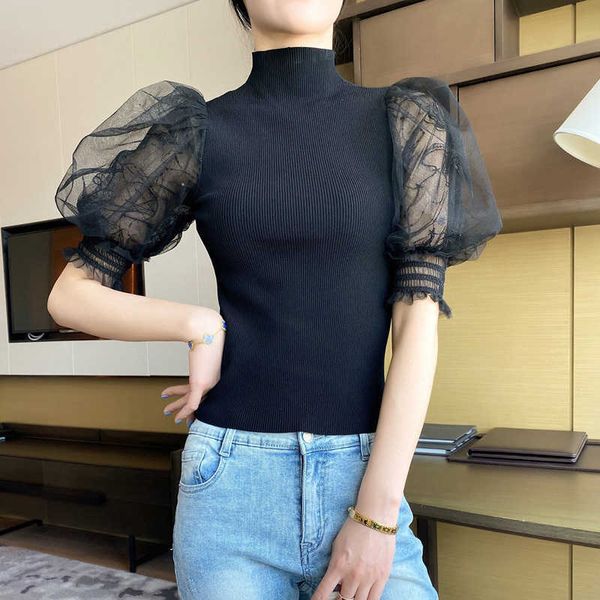 

women's sweaters sweaters summer women designer knitted turtleneck sequins mesh patchwork puff sleeve bottom sweater 992z, White;black