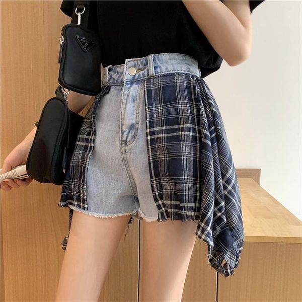 

women short jeans denim patchwork plaid summer shorts preppy style harajuku streetwear casual c88 women's, White;black