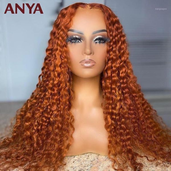 

anya curly hair ginger orange color transparent lace front pre plucked wig remy peruvian human wigs 30inch for black women1, Black;brown