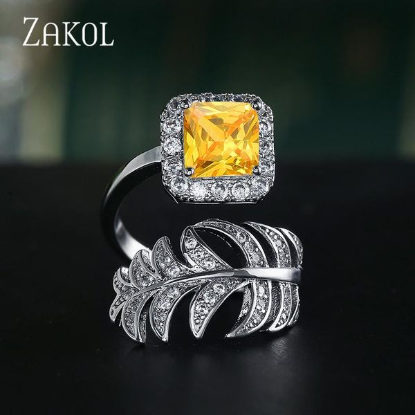 

cluster rings zakol luxury micro square cz zircon pave setting leaf finger ring women wedding party fashion jewelry spring anneaux fsrp2032, Golden;silver