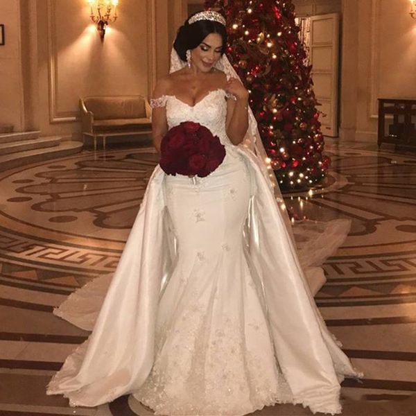 

elegant satin bridal gown mermaid off the shoulder church wedding dresses with detachable court train plus size vestidos de novia, White