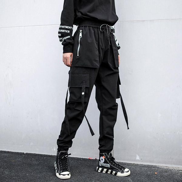 

women's pants & capris women loose thick elastic waist cargo 2021 autumn and winter punk style casual black trousters with streamers, Black;white