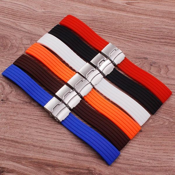 

watch bands accessories double insurance folding buckle soft silicone rubber strap 18 20 22 24mm men's, Black;brown