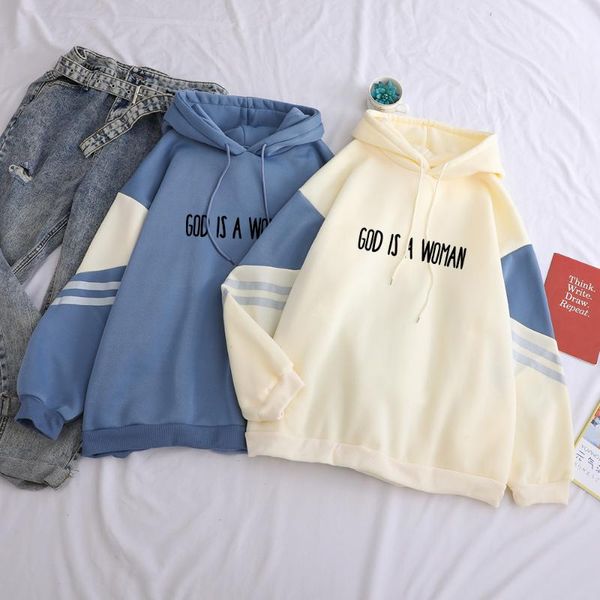 

women's hoodies & sweatshirts y2k hooded casual fleece spell color stitch funny god is woman letter printed harajuku kawaii hoodie clot, Black