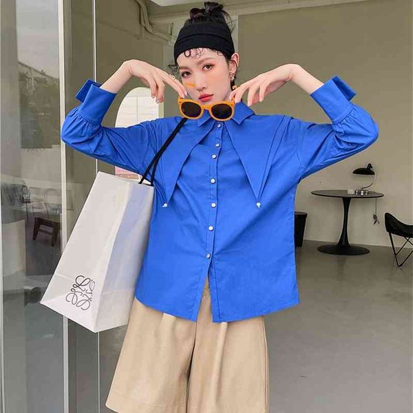 

women's two piece pants blue long sleeve designer shirt women layer collar button up fashion ladies and blouses korean clothi, White