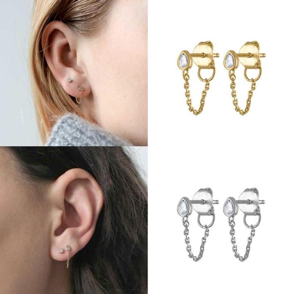 

hoop & huggie gold silver color tassel stud earrings for women simple cute water droplets zircon loog chain back hanging jewelry, Golden;silver