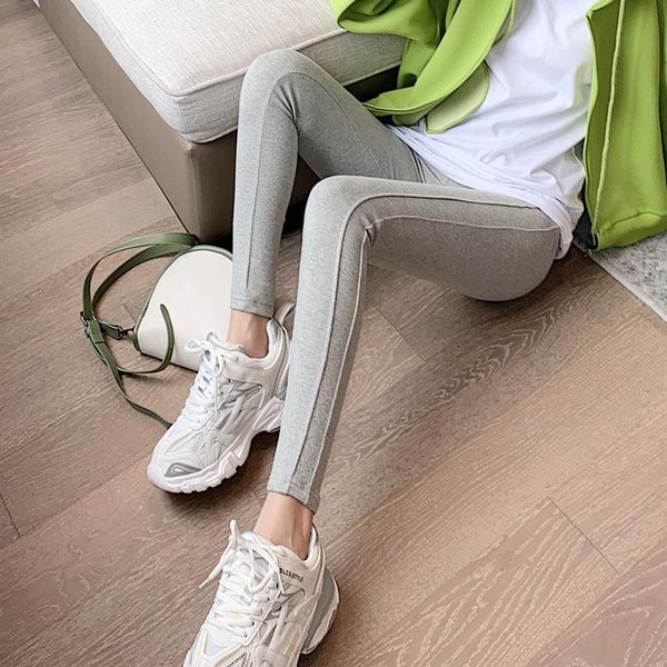 

women's leggings legging 2021 autumn and winter pure cotton side stitching striped fashion slim pants nine-point, Black