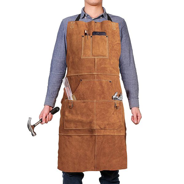 

cowhide real leather work shop apron with 6 tool pockets heat & flame resistant durable heavy duty welding apron for men women