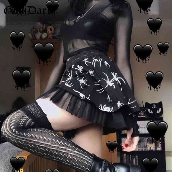 

mesh mall emo black women mini skirts grunge punk aesthetic spider print alt clothes pleated ruffles party skirt