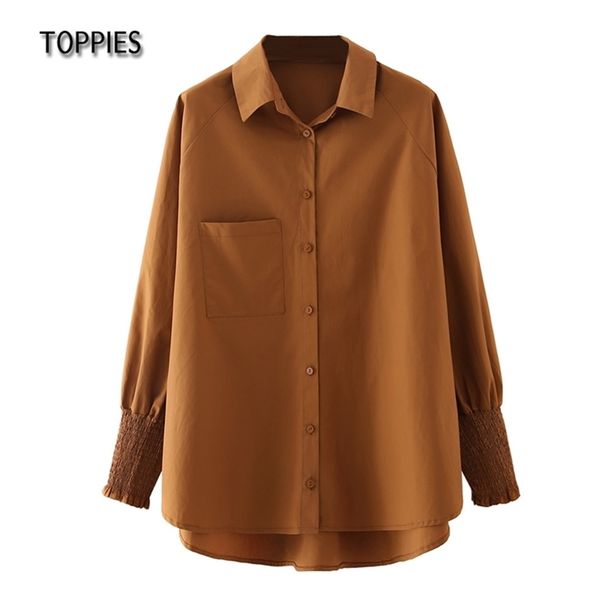 

office lady brown loose solid color pocket shirt long sleeve womens oversize blouse 210421, White