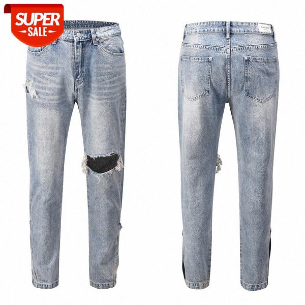 

street style wash water to make old singlehole hairbreasted split straight jeans hiphop allmatch trousers men bt6e, Black