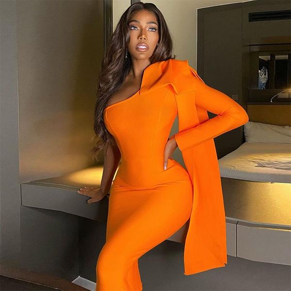 

casual dresses one shoulder long sleeve bowknot decorated elegant party knee length bandage dress 2021 arrival, Black;gray