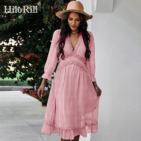

bohemian printed v neck chiffon dress women long sleeve ruffles beach elegant a line summer casual midi es 210508, Black;gray