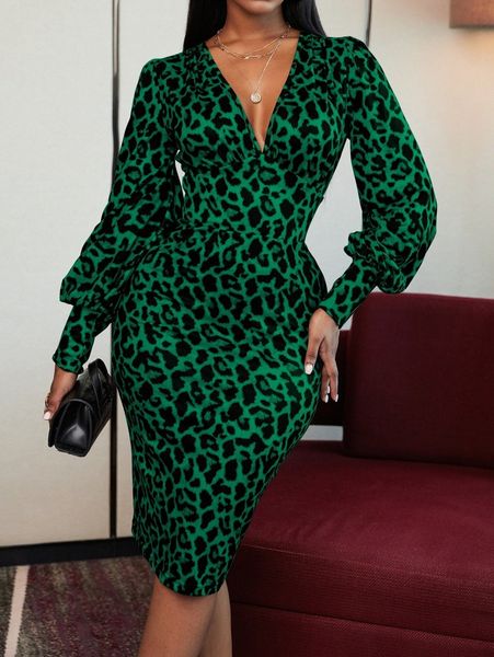

sxy leopard print deep v neck lantern sleeve bodycon dress r6uw#, Black;gray