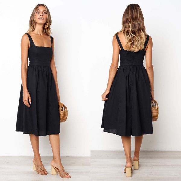 

2021women long dress summer backless casual white black ruched slip midi sundresses 2021 ladies strap clothes for women y2k, Black;gray