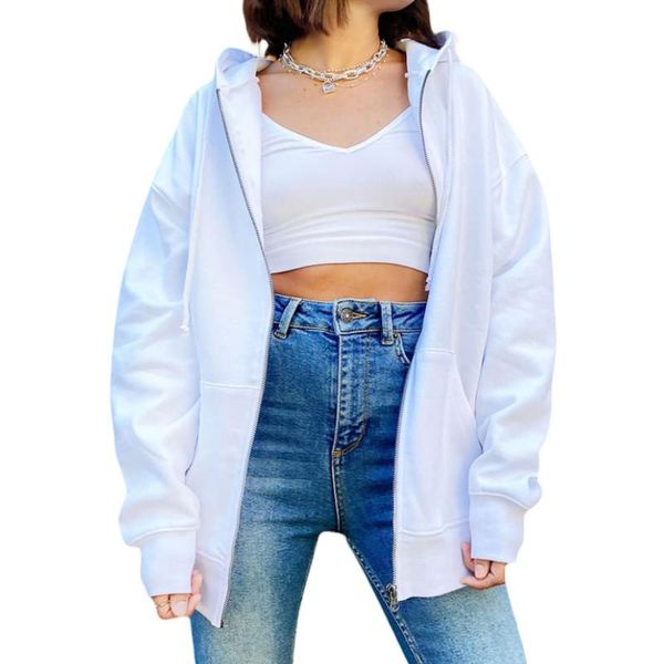 

women's hoodies & sweatshirts women loose style coat with pockets, solid color zipper open front hooded jacket, spring autumn, Black