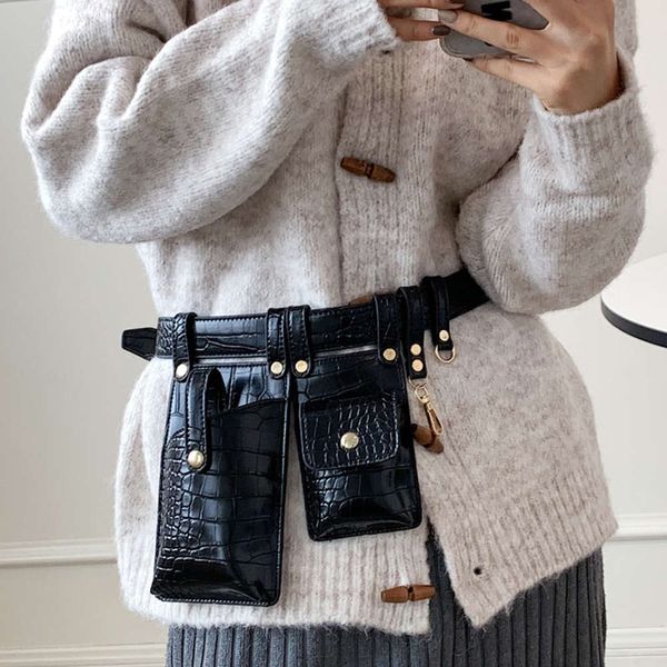 

waist bags for women two pocket belt bag 2021 coat jeans fanny packs stone pattern leather bum phone purse