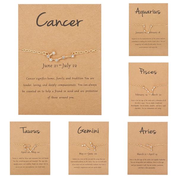 

12 constellation bracelet crystal charm gold chain bracelets for women zodiac sign libra aries wish card birthday jewelry gift, Golden;silver