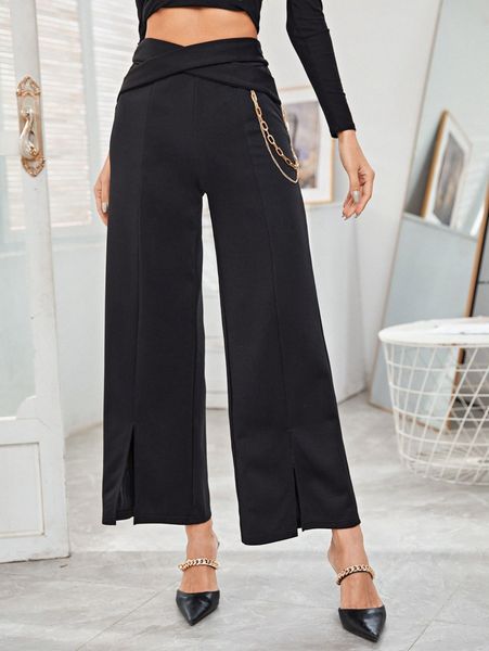 

glamaker crossover waist chain detail split hem wide leg pants h8sg#, Black;white