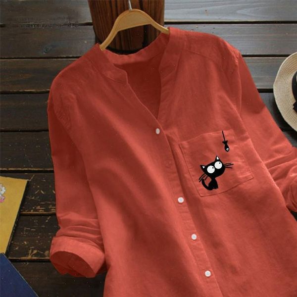 

plus size chiffon cotton women shirts linen casual cat printed long sleeve shirt button down 4, White