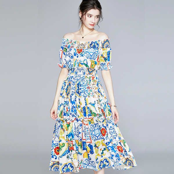 

runway summer blue and white porcelain print flower midi dress women's slash neck short sleeve elastic waist bohemian 210526, Black;gray