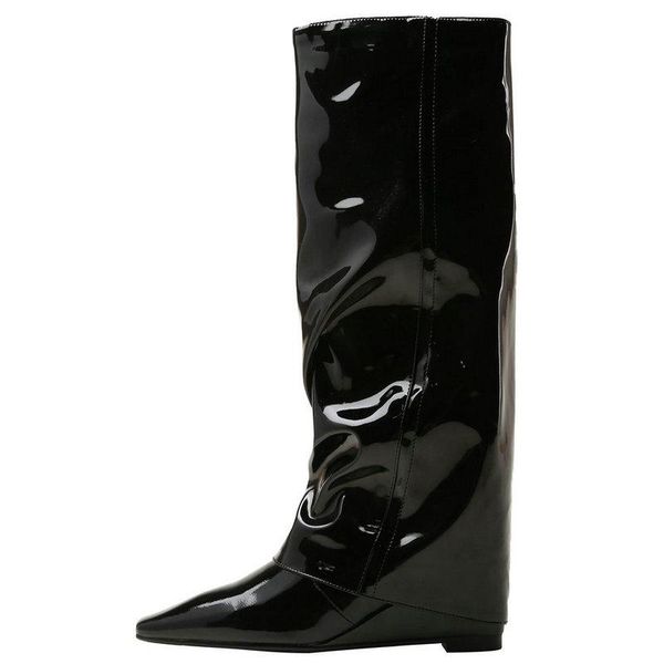 

boots genuine leather bomb skirt women fashoin comfort square toe wedge heel zip knee green mirror patent shoes, Black