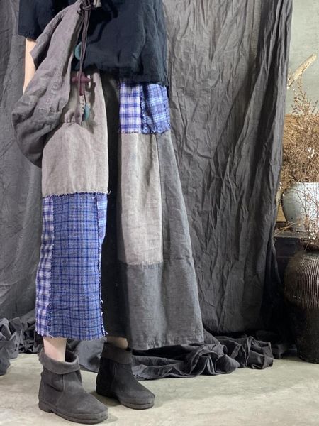 

women elastic waist patchwork autumn linen skirts ladies vintage spliced plaid retro skirt female 2021, Black