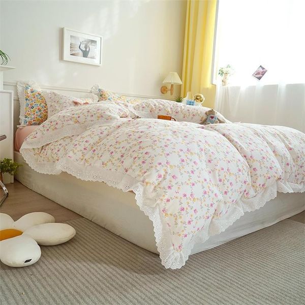 

vintage garden floral bedding set pink 4pcs girls 100%cotton lace duvet cover quilt bed sheet pillow shams all season sets