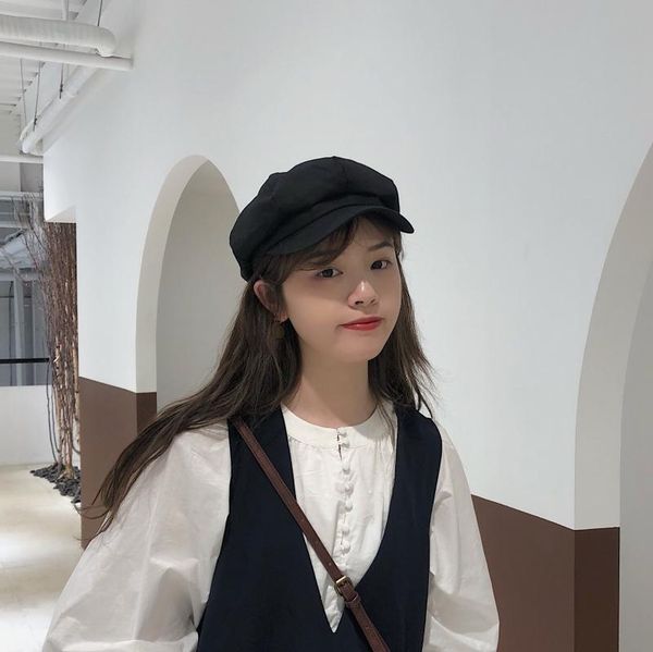 

stingy brim hats japanese retro wild octagonal hat female autumn simple art painter cotton and linen sboy, Blue;gray