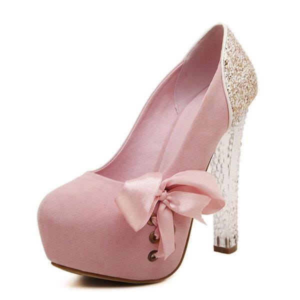 

dress shoes silk bowknot high heels platform pumps women's fashion crystal thick heel wedding ladies xkd3075, Black