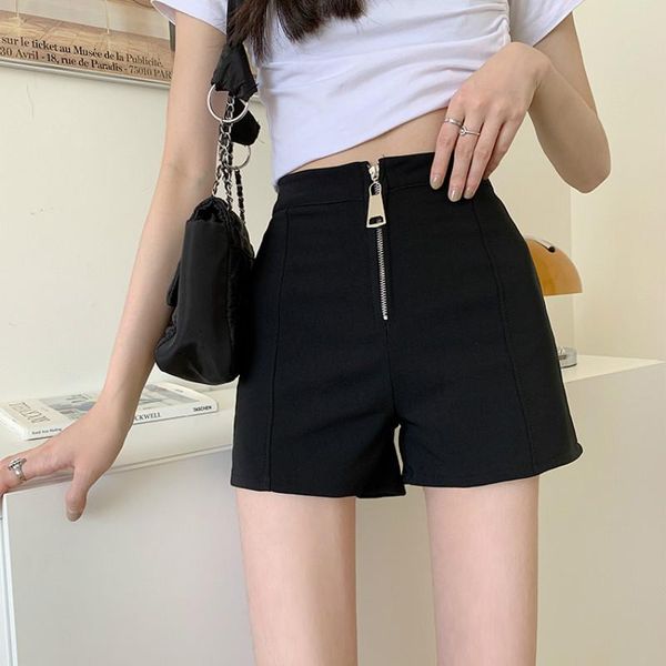 

women's shorts 2021 women high waist solid zipped summer korean style slim elegant ol short streetwear harajuku ladies black, White;black