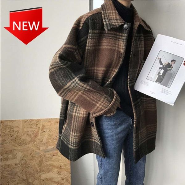 

jackets woman coats winter pocket outerwear ladies autumn checkered wool mixtures coat check batwing, Black;brown