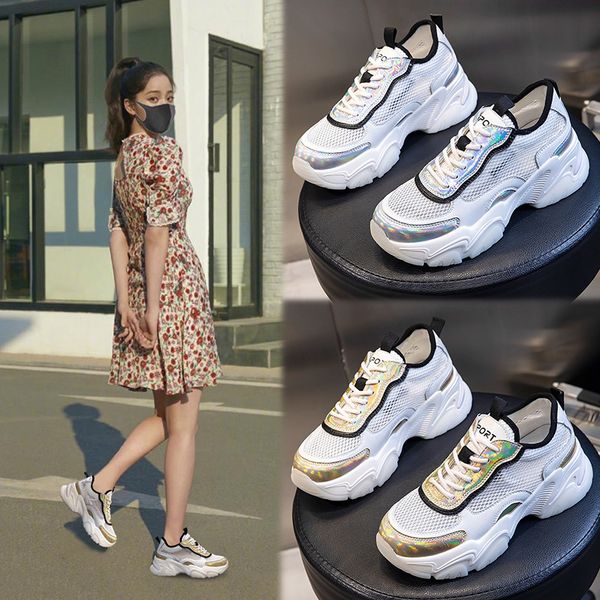 

leather women's shoes 2021 summer leisure breathable sports thick bottom shallow mouth suction film daddy single, Black;white