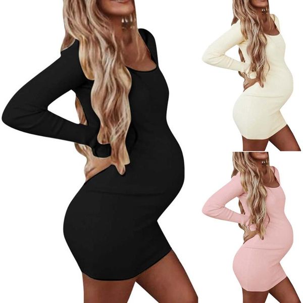 

women maternity pregnant dress summer long sleeve casual nursing breastfeeding bodycon solid slim spring dresses, White