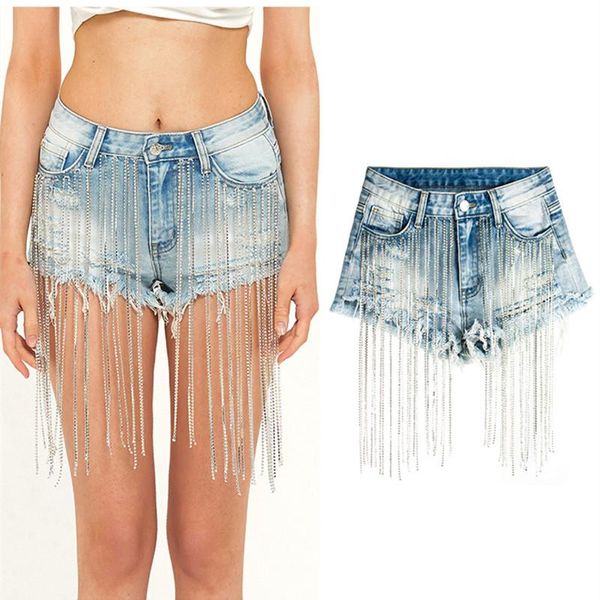 

women's jeans shorts denim for women summer wide legs long tassel show high waist heavy working drill chain jean pants, Blue