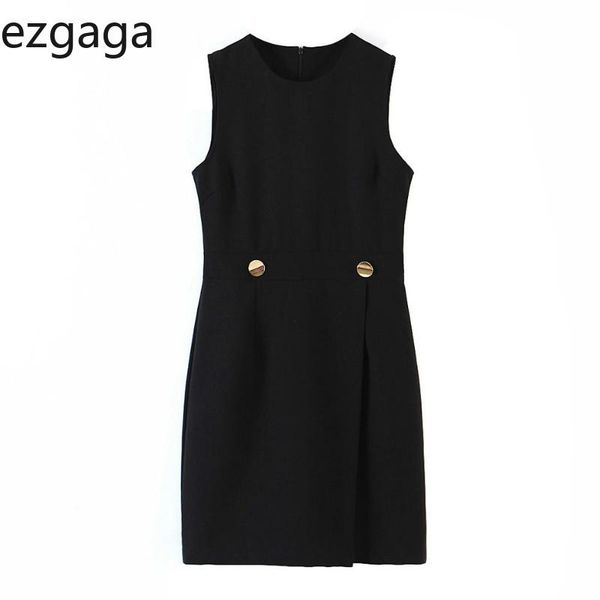 

ezgaga office lady elegant dress 2021 autumn sleeveless button o-neck black solid slim women vestidos feminino casual dresses, Black;gray